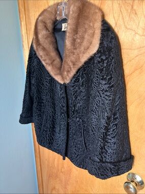 Vintage Black Persian Curly Lamb Coat Mink, Couching Embroidered Lining, 12-14